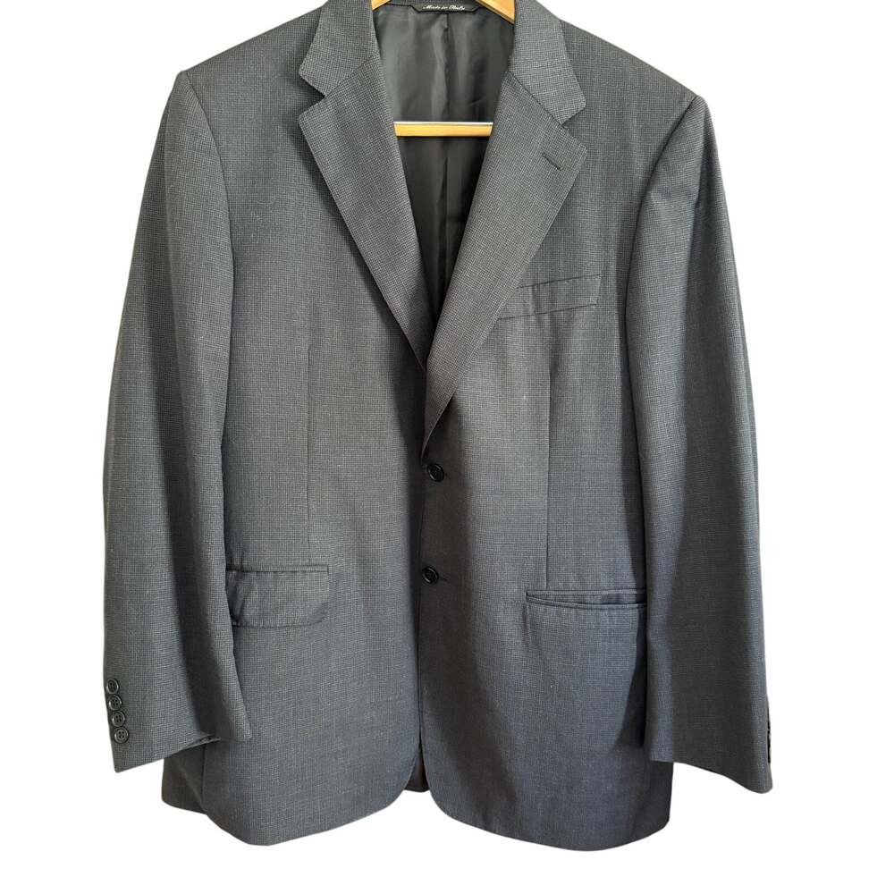 CANALI | 100% Wool Gray Microcheck 2 Button Blazer Notch Lapel Size 54 R (44 R)